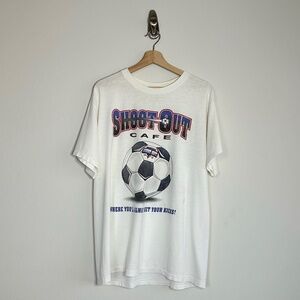 Shootout Cafe Single Stitch White Funny Soccer Tee Size L